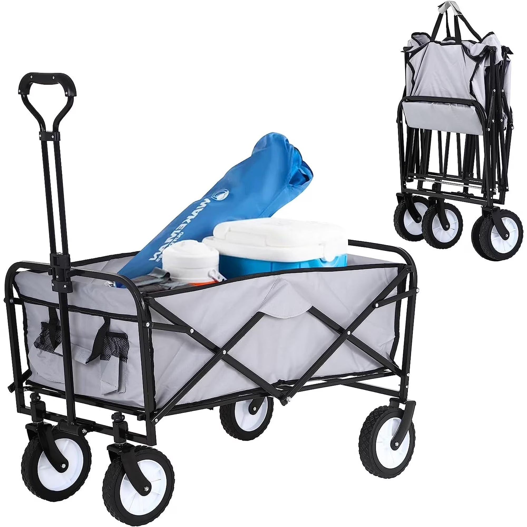 Collapsible Folding Wagon Cart, Portable Outdoor Garden Wagon Utility Beach Wagon with Side Pocket for Camping Shopping Picnic Grocery Outdoor Activities, Gray