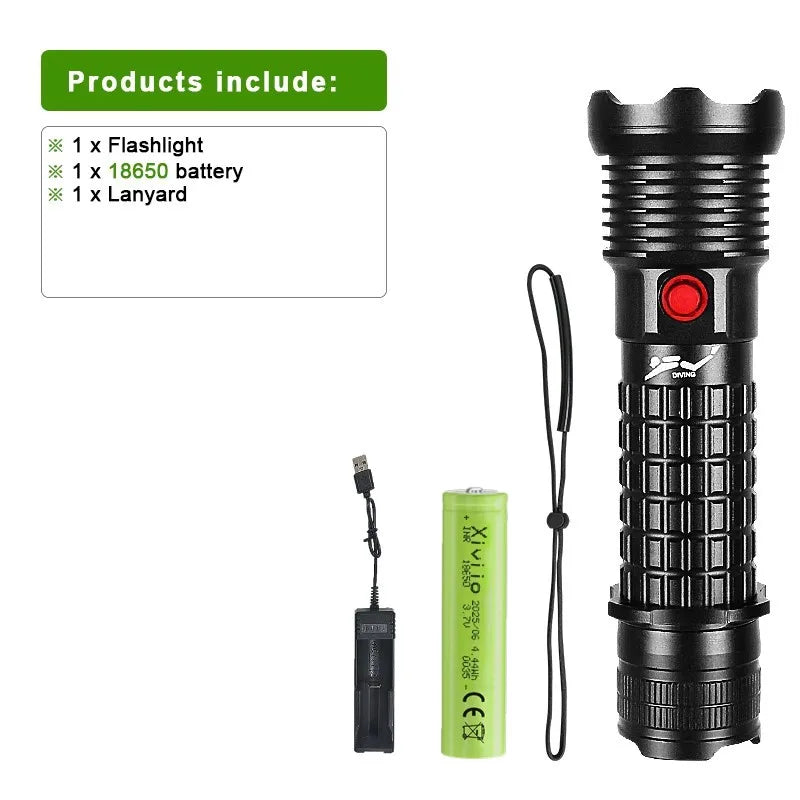 Professional Spearfishing Hunting Scuba XHP199 LED Dive Light 9900 Lumens Diving Flashlight 26650 Torch Underwater Flashlight
