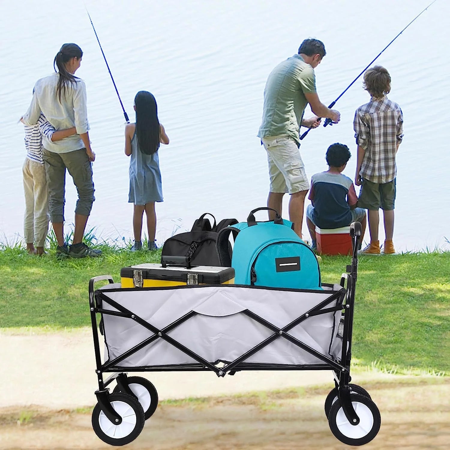 Collapsible Folding Wagon Cart, Portable Outdoor Garden Wagon Utility Beach Wagon with Side Pocket for Camping Shopping Picnic Grocery Outdoor Activities, Gray