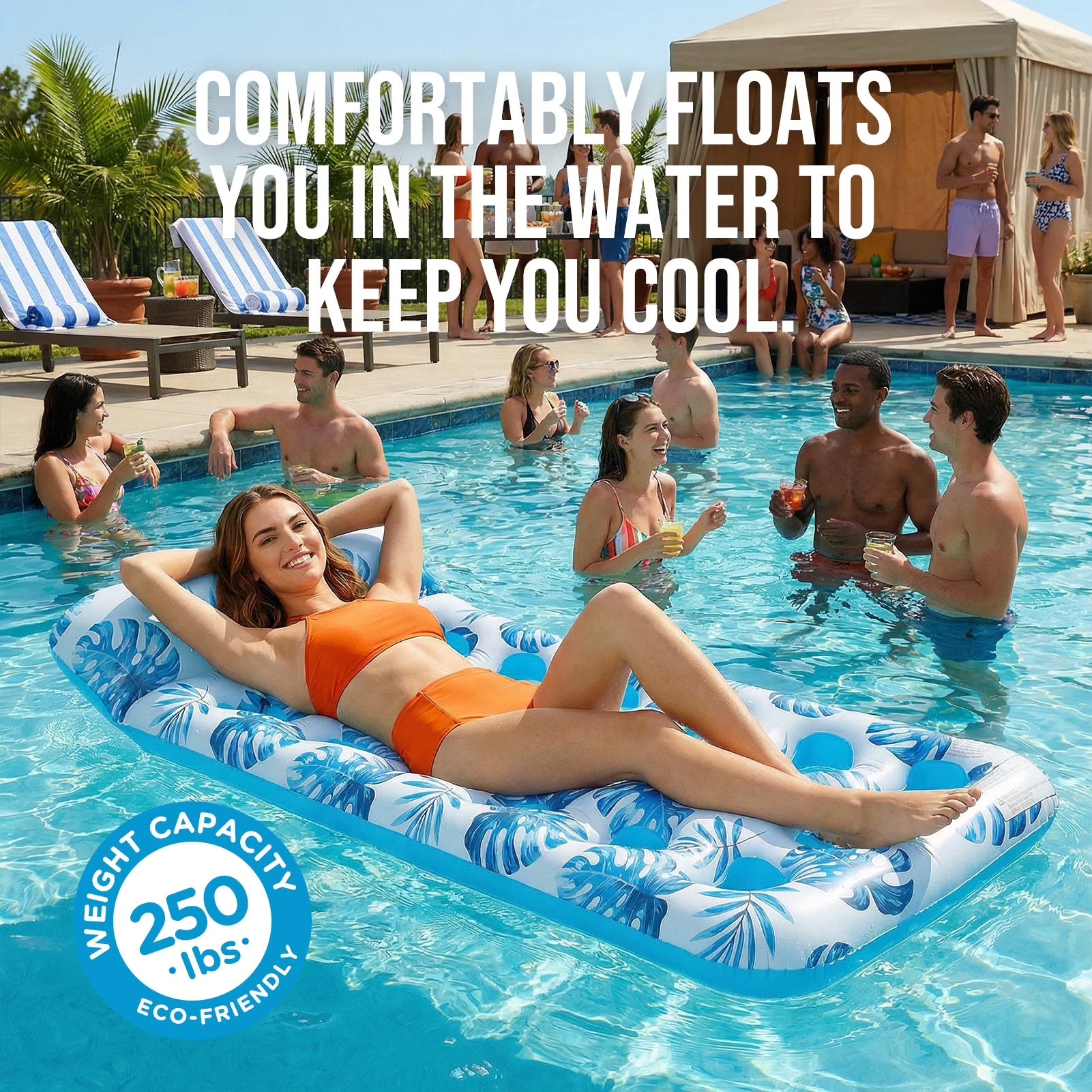 Inflatable Pool Floats Adult, Large Pool Float , Pool Lounger with Headrest, Pool Rafts, Tanning Pool for Swimming Pool Party, Blue