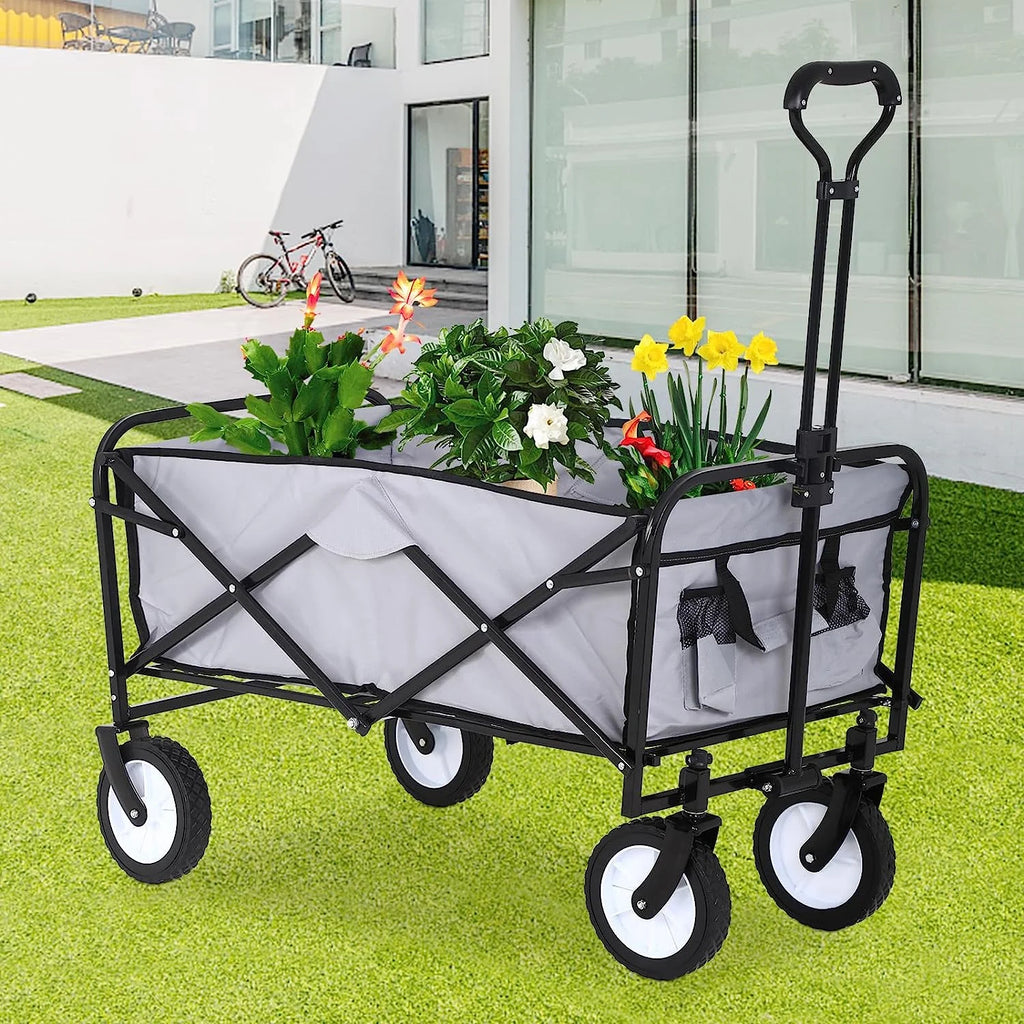 Collapsible Folding Wagon Cart, Portable Outdoor Garden Wagon Utility Beach Wagon with Side Pocket for Camping Shopping Picnic Grocery Outdoor Activities, Gray