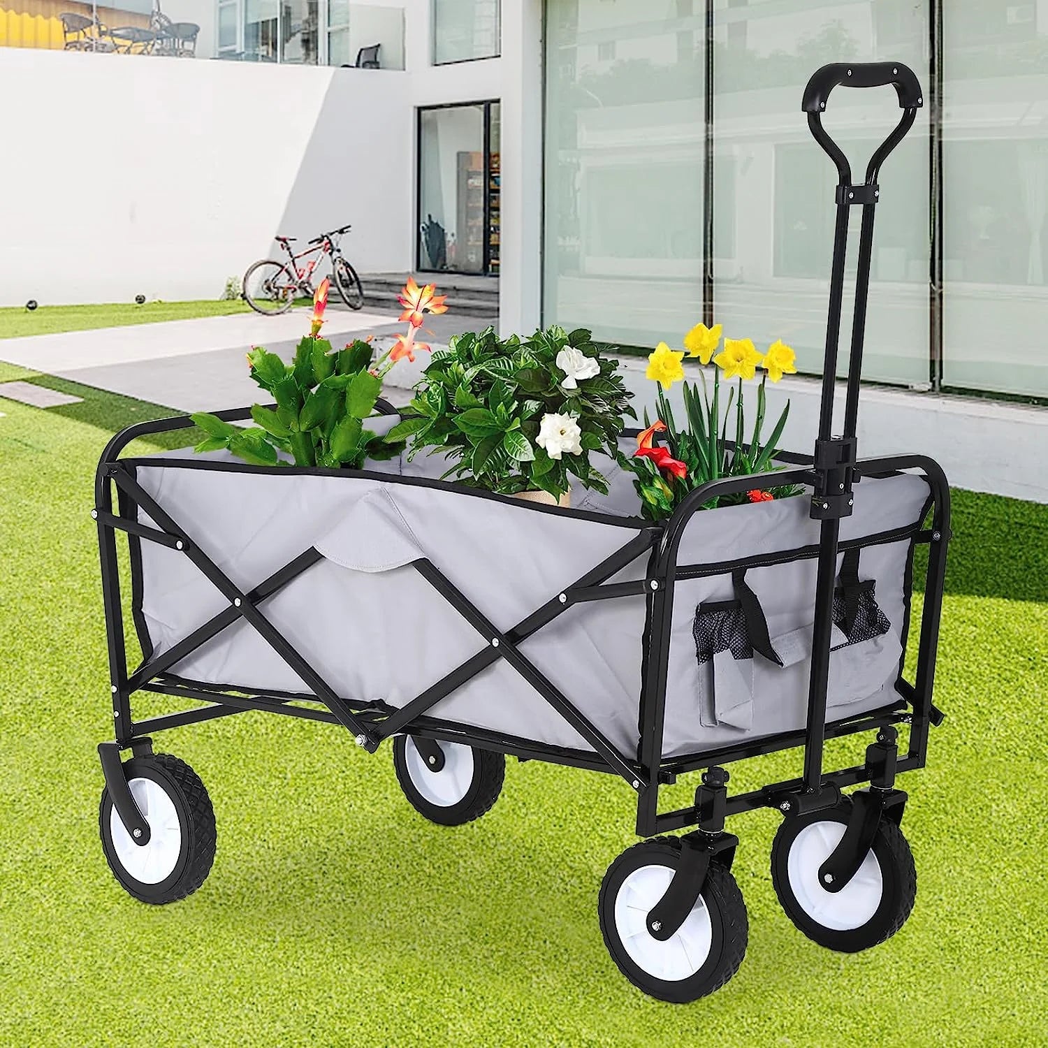 Collapsible Folding Wagon Cart, Portable Outdoor Garden Wagon Utility Beach Wagon with Side Pocket for Camping Shopping Picnic Grocery Outdoor Activities, Gray