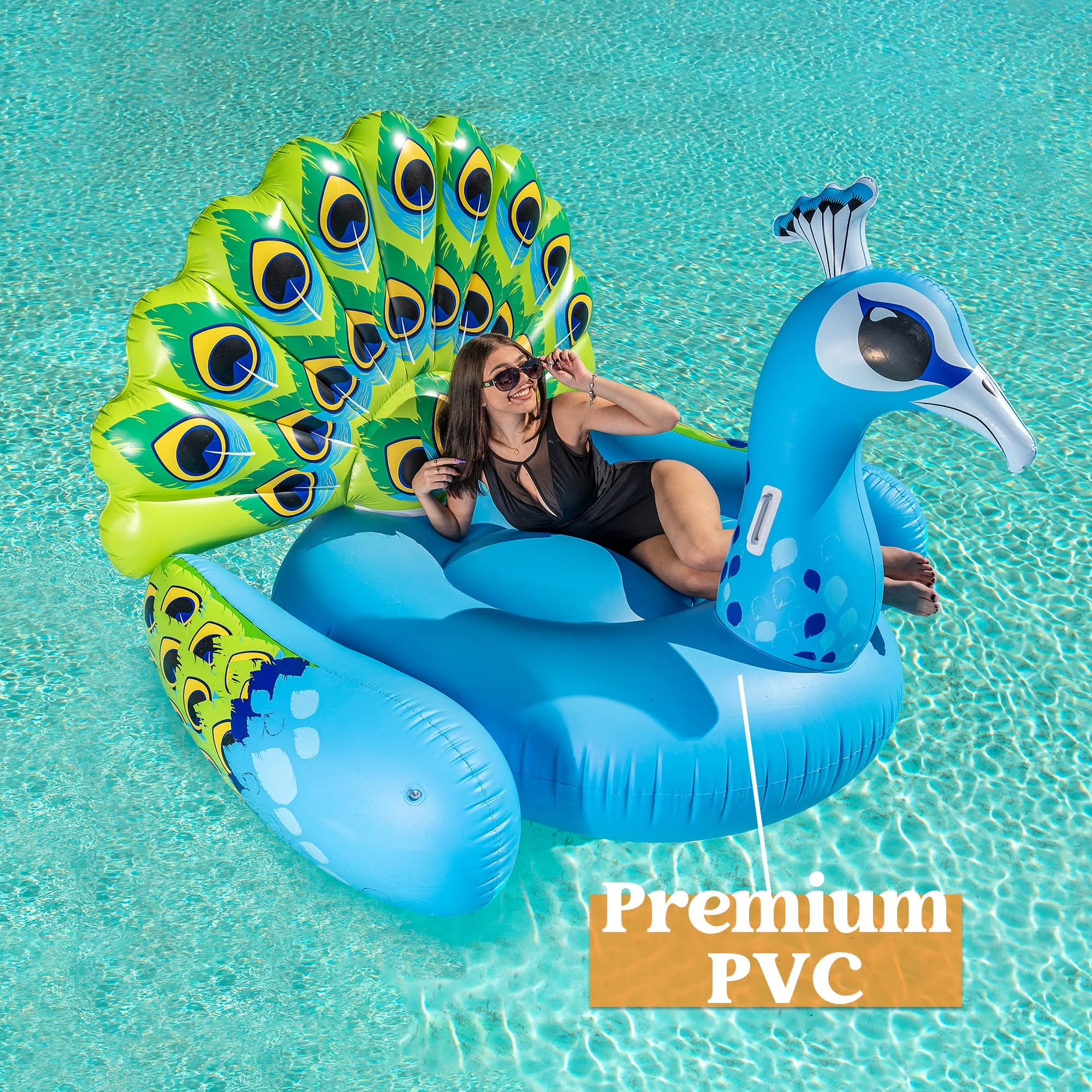 Inflatable Peacock Pool Float, Giant Green Peacock Ride on Raft for Swimming Pool, Beach Floaties, Party Decoration Toys, Inflatable Island, Summer Pool Raft Lounge for Adults