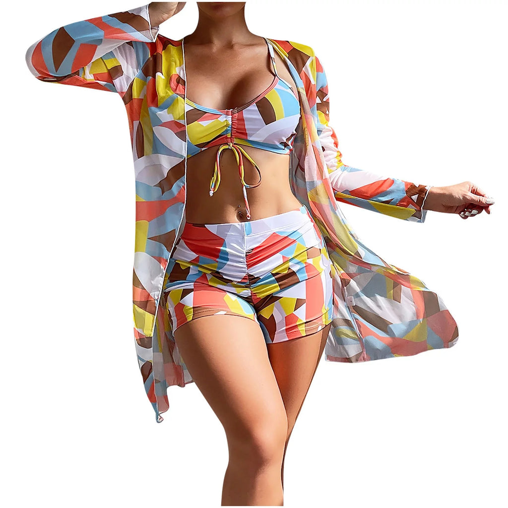 Tummy Control Swimsuits for Women,Womens Three Piece High Waist Long Sleeve Cover-Up Separate Swimsuit Set, Swimsuits for Women 2 Piece
