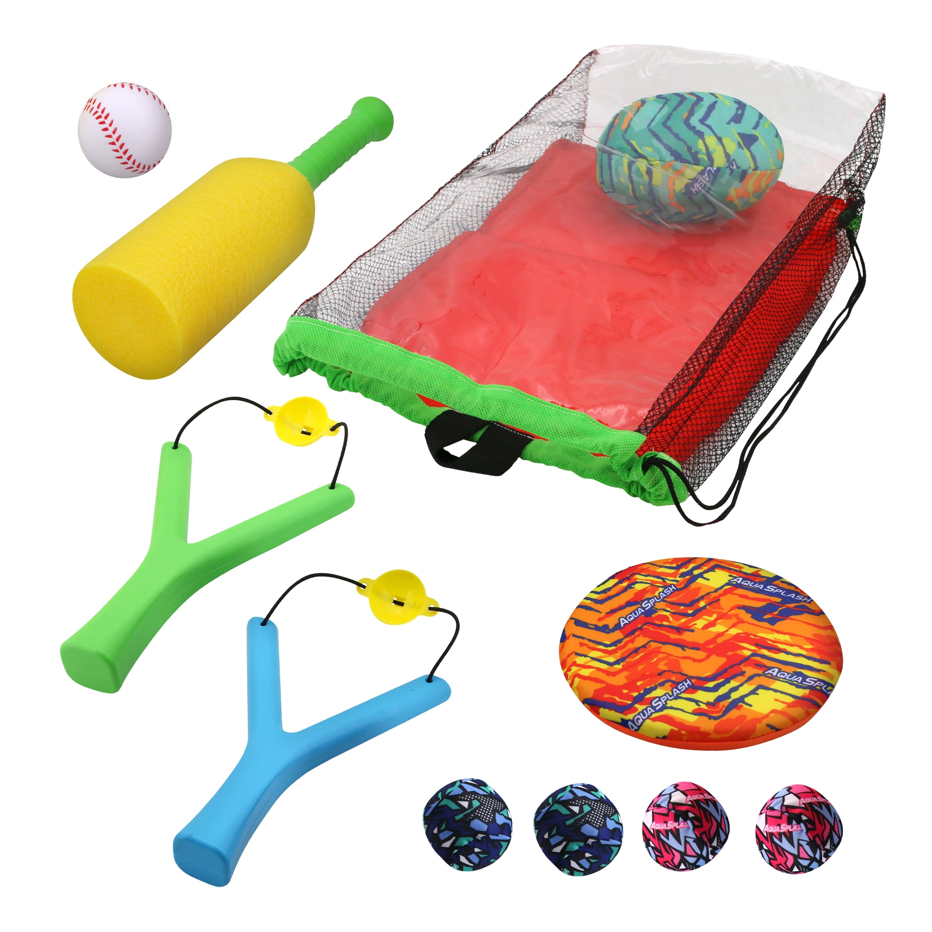 Water Sports Set 4 Games Splash Flying Disk Splash Football Foam Baseball Bat & Ball Sling Shots with Splash Balls Ages 3+