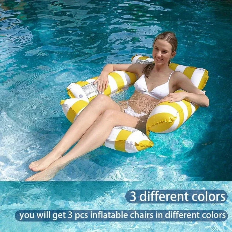 Inflatable Water Hammock with Mesh - Foldable Striped Floating Bed for Pool and Beach Leisure
