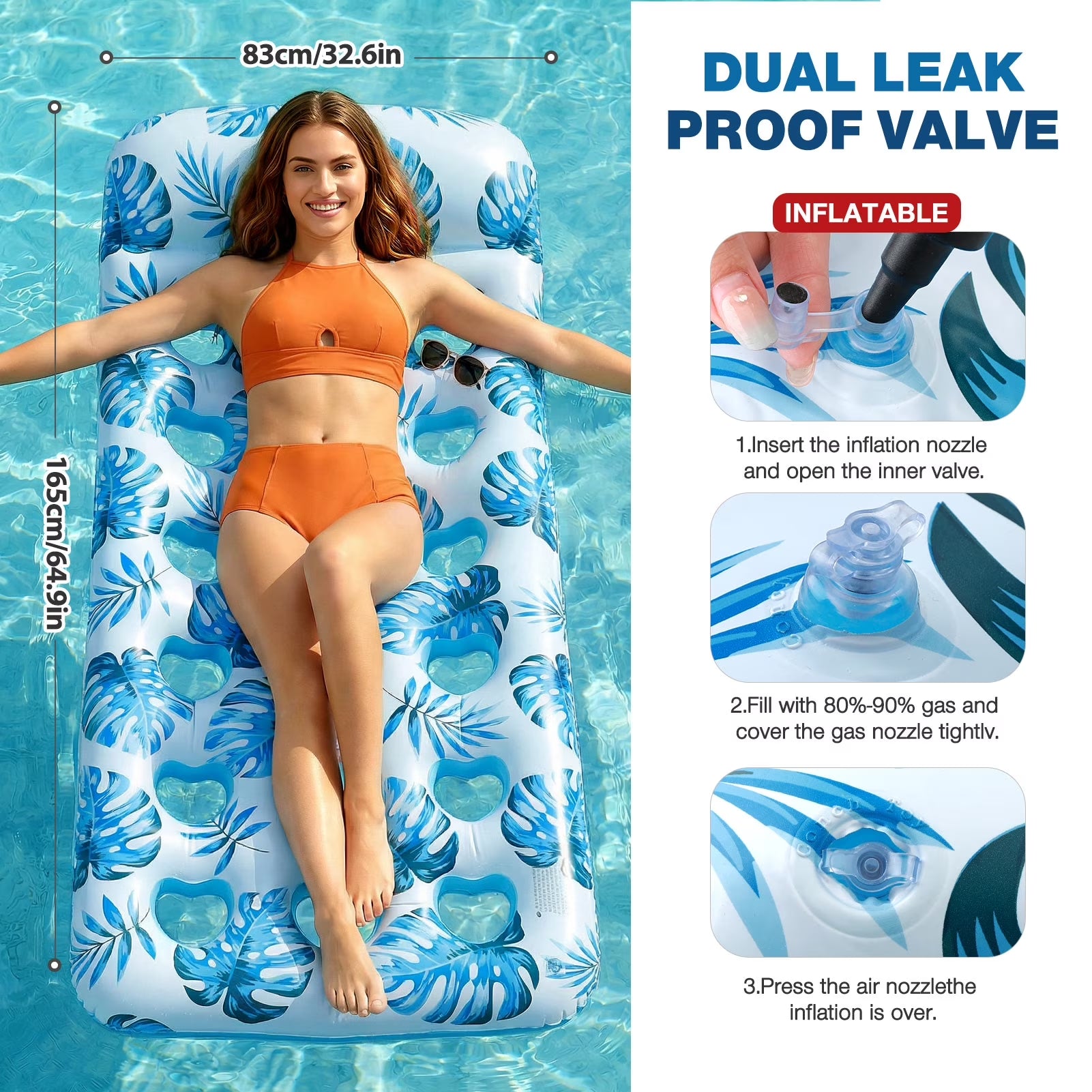 Inflatable Pool Floats Adult, Large Pool Float , Pool Lounger with Headrest, Pool Rafts, Tanning Pool for Swimming Pool Party, Blue