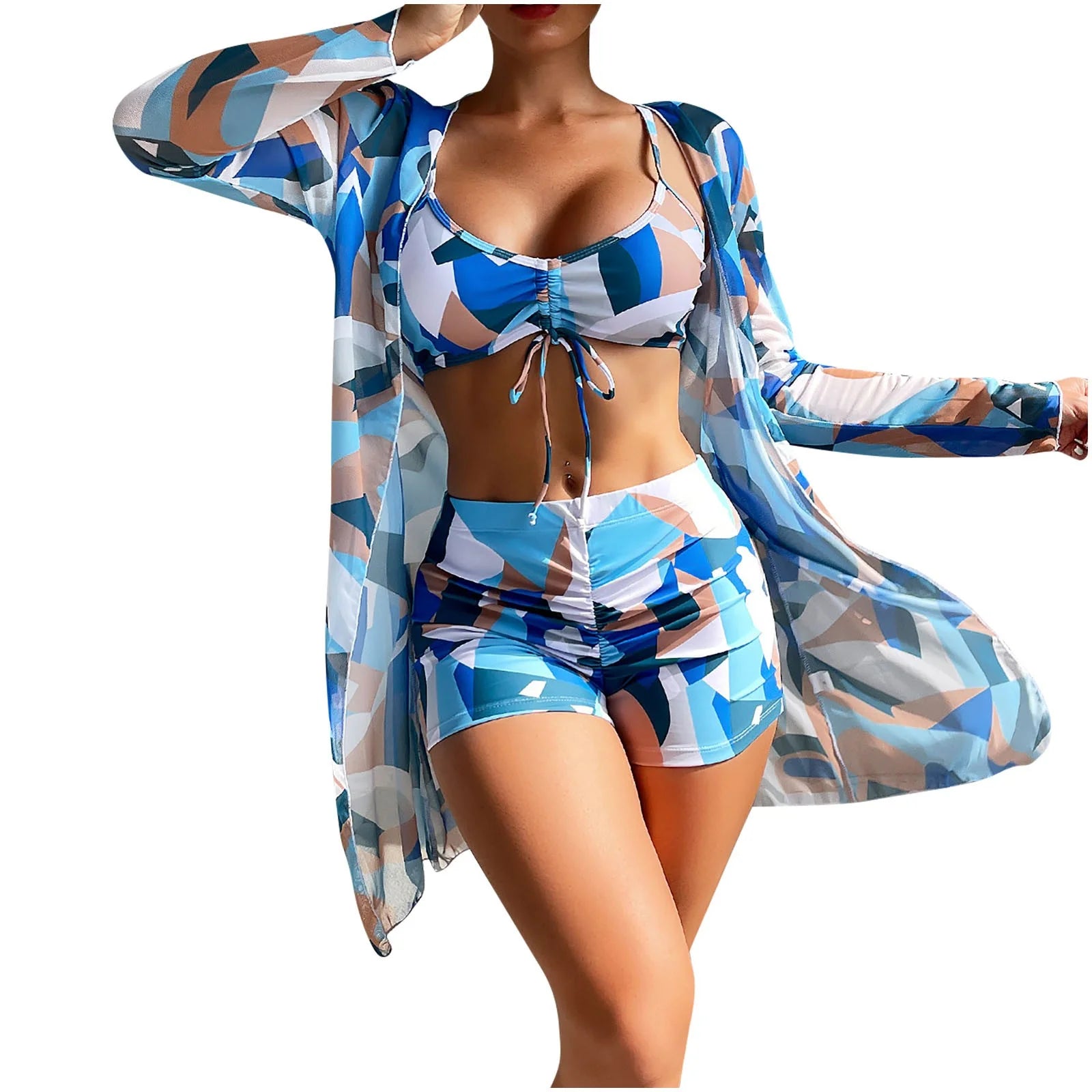 Tummy Control Swimsuits for Women,Womens Three Piece High Waist Long Sleeve Cover-Up Separate Swimsuit Set, Swimsuits for Women 2 Piece