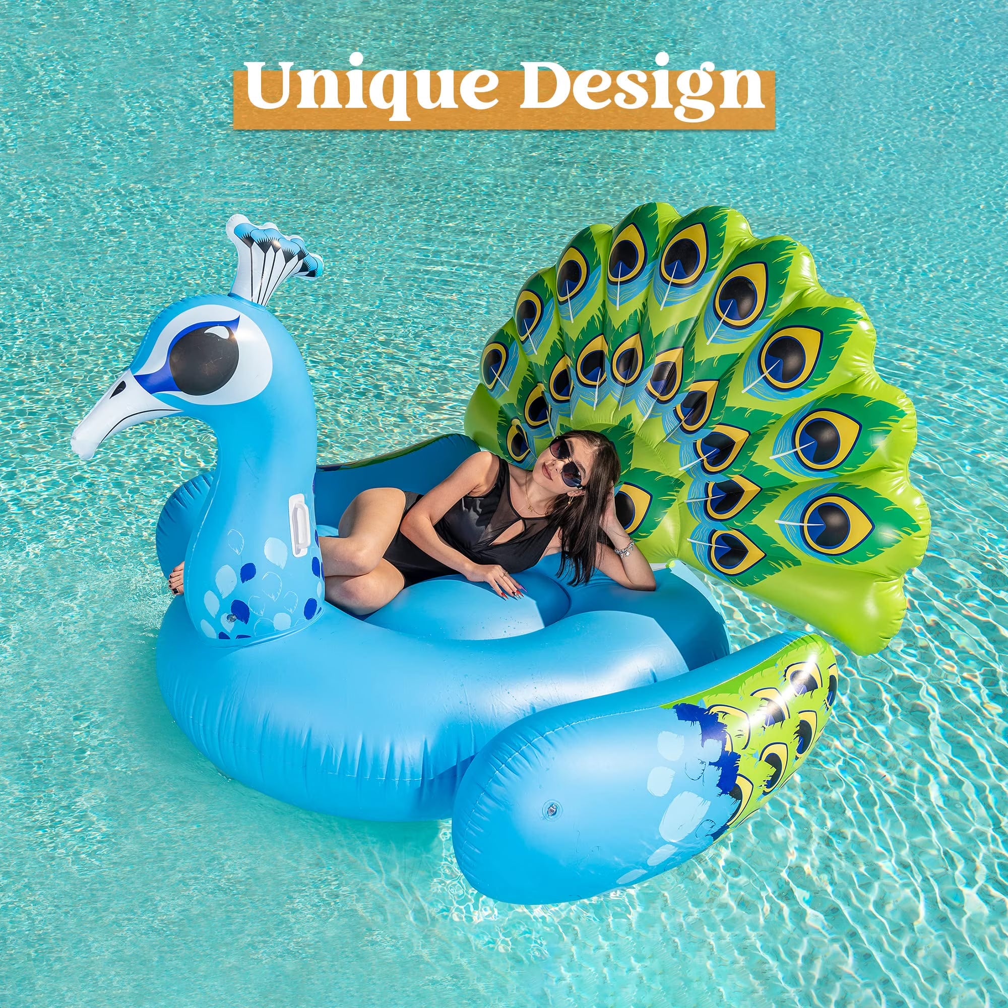 Inflatable Peacock Pool Float, Giant Green Peacock Ride on Raft for Swimming Pool, Beach Floaties, Party Decoration Toys, Inflatable Island, Summer Pool Raft Lounge for Adults