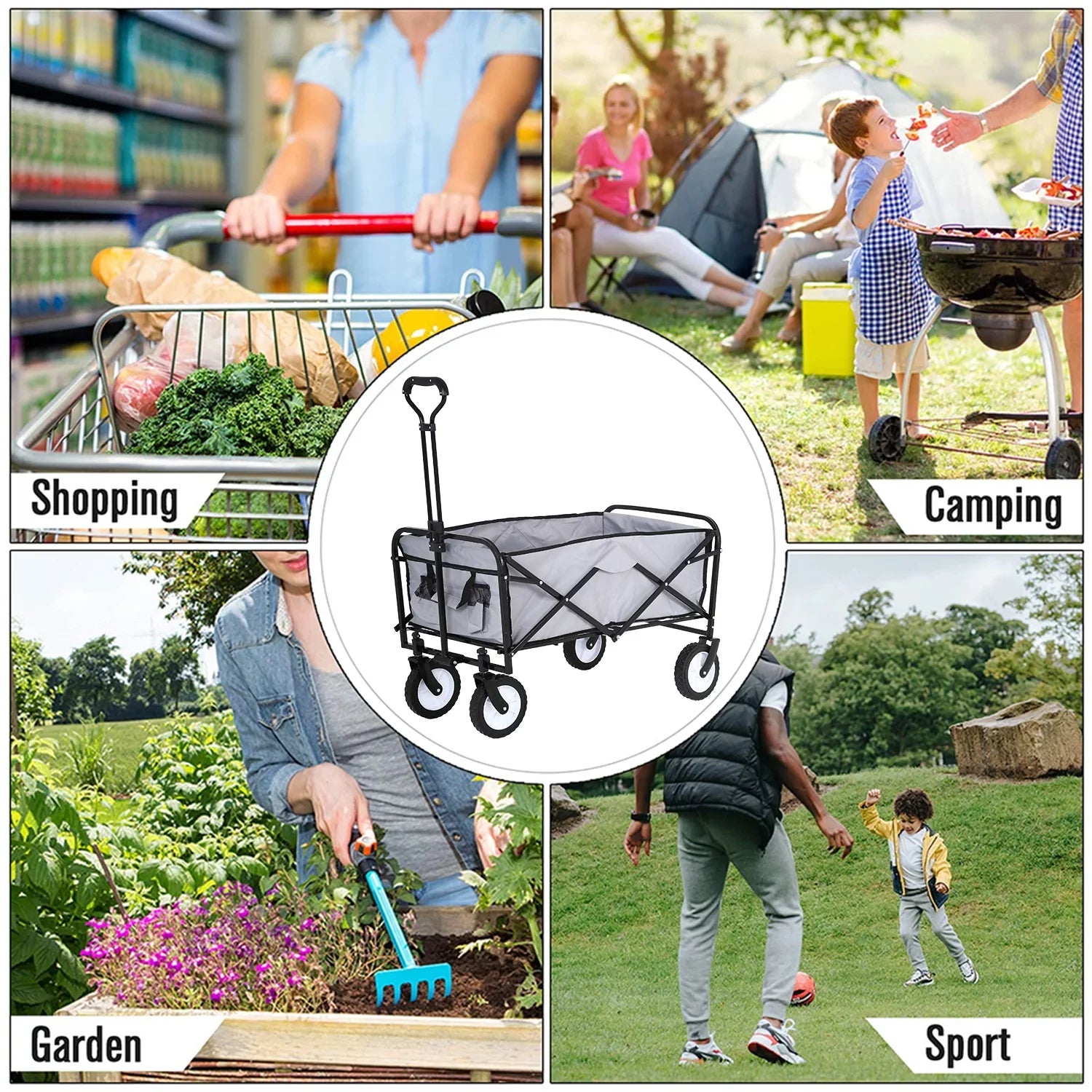 Collapsible Folding Wagon Cart, Portable Outdoor Garden Wagon Utility Beach Wagon with Side Pocket for Camping Shopping Picnic Grocery Outdoor Activities, Gray
