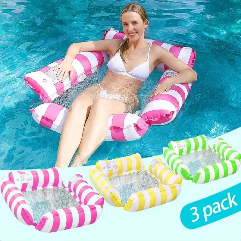 Inflatable Water Hammock with Mesh - Foldable Striped Floating Bed for Pool and Beach Leisure