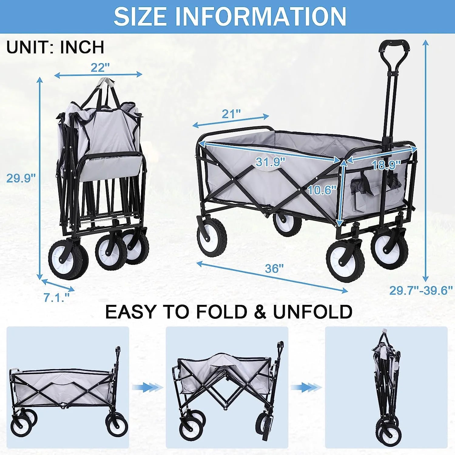 Collapsible Folding Wagon Cart, Portable Outdoor Garden Wagon Utility Beach Wagon with Side Pocket for Camping Shopping Picnic Grocery Outdoor Activities, Gray