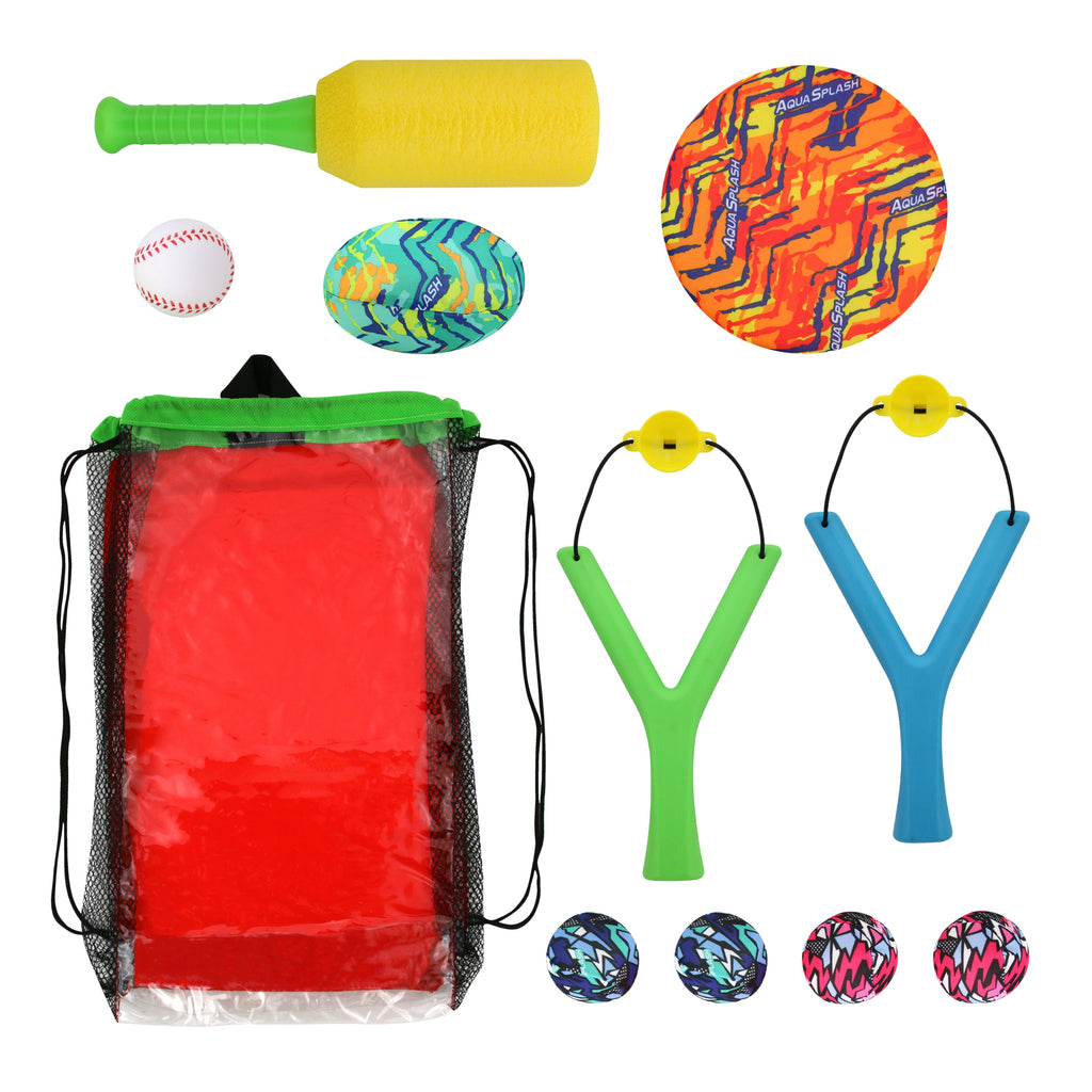 Water Sports Set 4 Games Splash Flying Disk Splash Football Foam Baseball Bat & Ball Sling Shots with Splash Balls Ages 3+