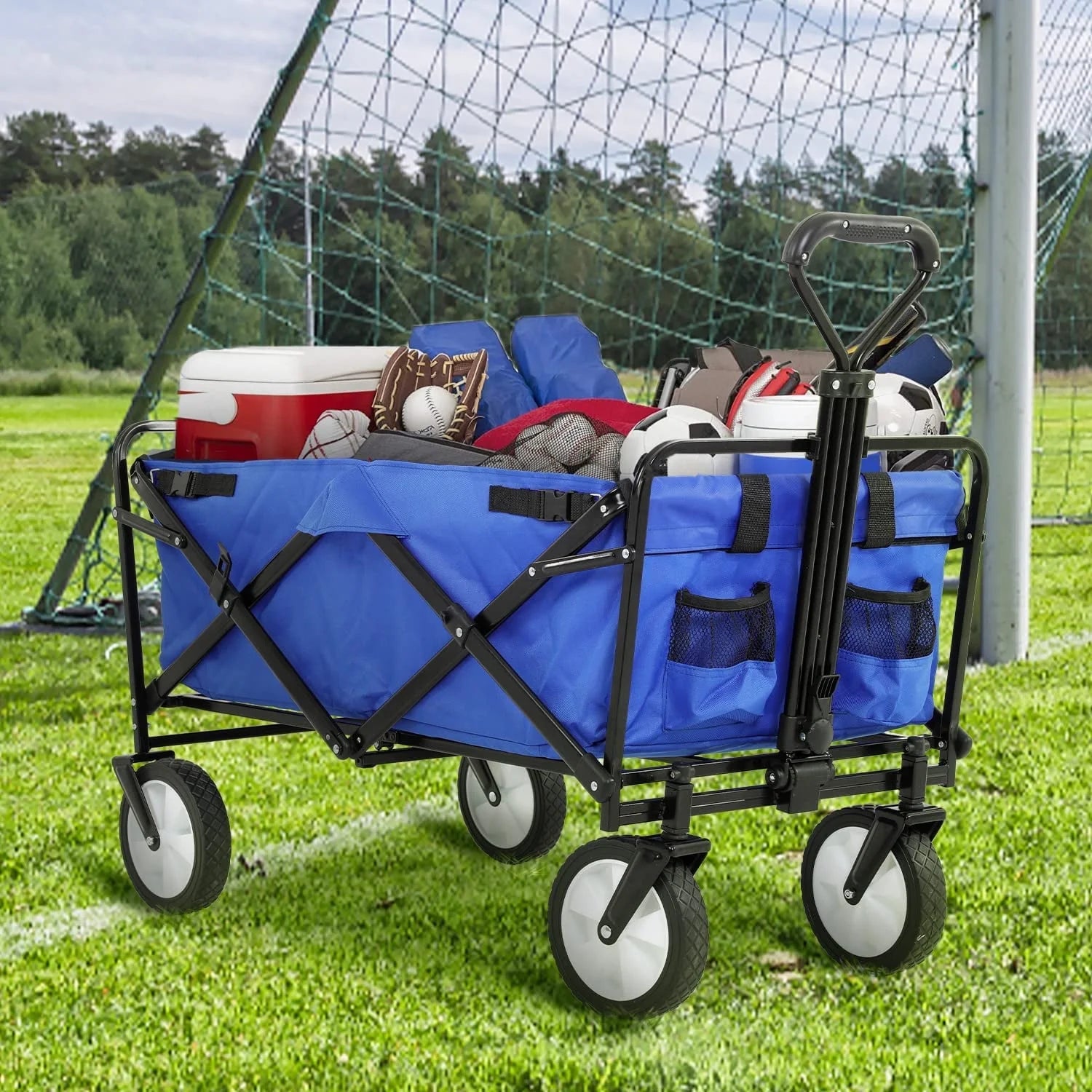 Collapsible Folding Wagon Cart, Portable Outdoor Garden Wagon Utility Beach Wagon with Side Pocket for Camping Shopping Picnic Grocery Outdoor Activities, Gray