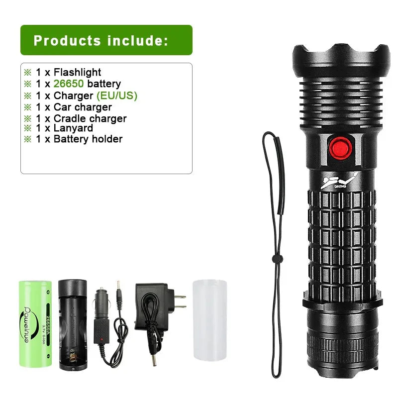 Professional Spearfishing Hunting Scuba XHP199 LED Dive Light 9900 Lumens Diving Flashlight 26650 Torch Underwater Flashlight