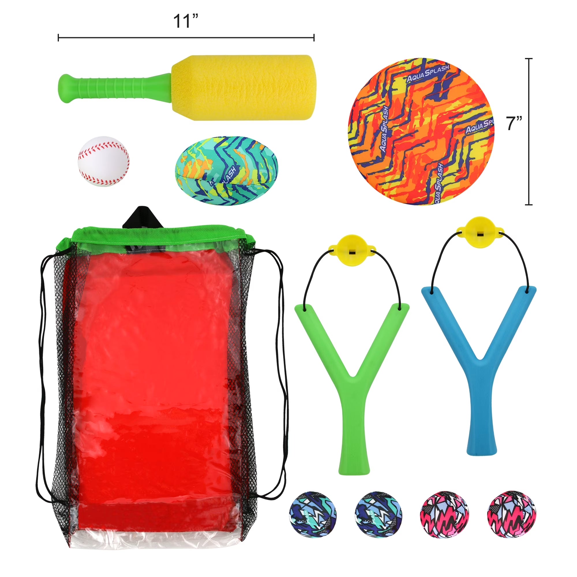 Water Sports Set 4 Games Splash Flying Disk Splash Football Foam Baseball Bat & Ball Sling Shots with Splash Balls Ages 3+