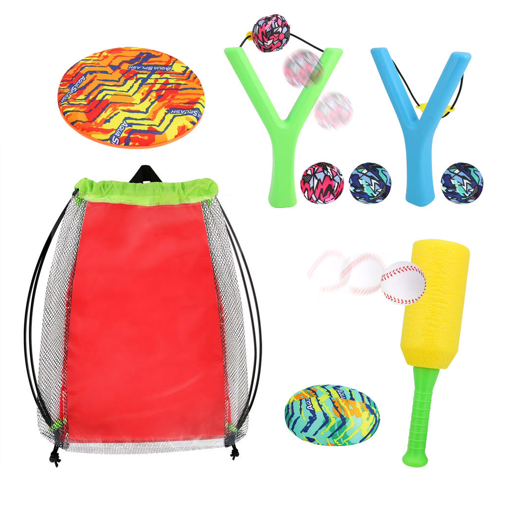 Water Sports Set 4 Games Splash Flying Disk Splash Football Foam Baseball Bat & Ball Sling Shots with Splash Balls Ages 3+
